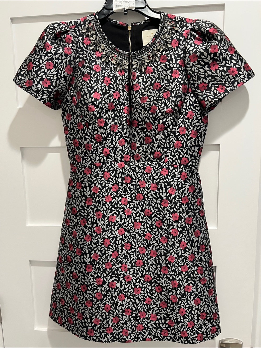 NWT Kate Spade Black Dress with Pink Floral Print Silver Leaves